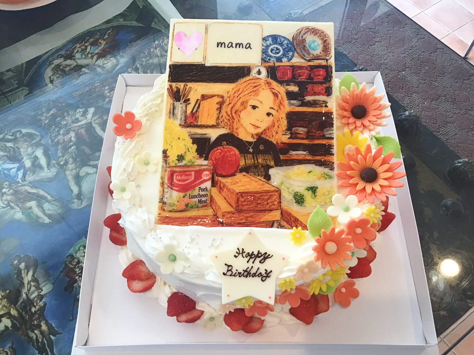 香川県ケーキ 高松市ケーキ パティスリーグレース バースデーケーキ ママイラストケーキ お客様の作画 プリントケーキ